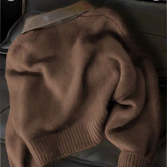 New Women's Brown Jacket with Leather Collar double zipper cardigan - Picture 4 of 4